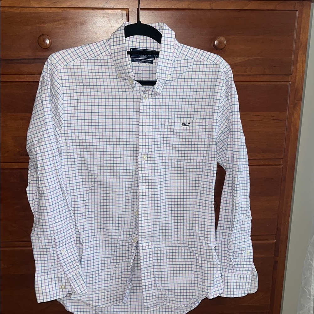 Vineyard Vines Men’s White Button-Down Shirt with Blue & Pink Windowpane